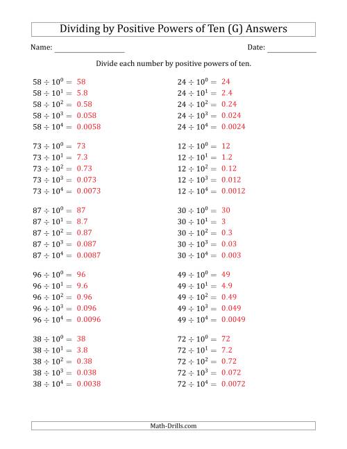The Learning to Divide Numbers (Range 10 to 99) by Positive Powers of Ten in Exponent Form (G) Math Worksheet Page 2