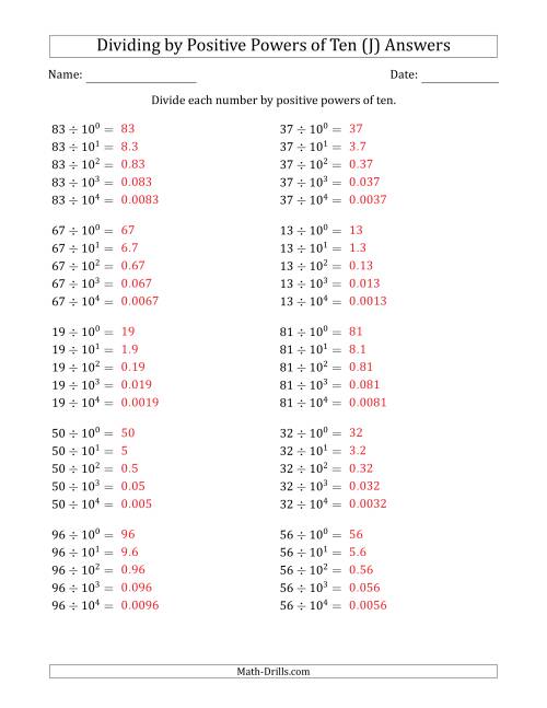The Learning to Divide Numbers (Range 10 to 99) by Positive Powers of Ten in Exponent Form (J) Math Worksheet Page 2