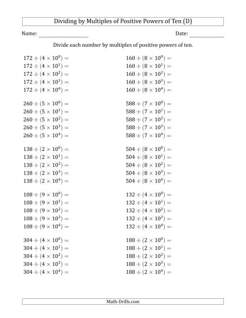 The Learning to Divide Numbers (Quotients Range 10 to 99) by Multiples of Positive Powers of Ten in Exponent Form (D) Math Worksheet
