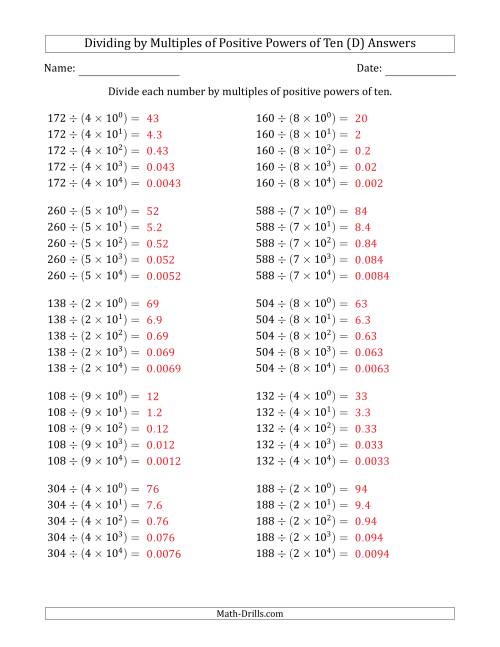 The Learning to Divide Numbers (Quotients Range 10 to 99) by Multiples of Positive Powers of Ten in Exponent Form (D) Math Worksheet Page 2