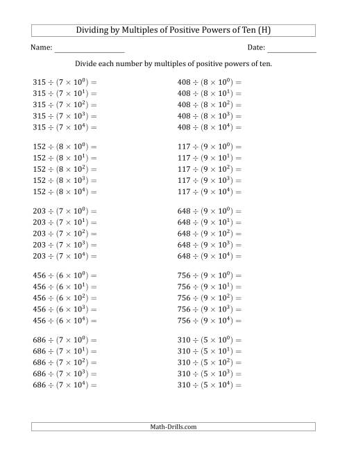 The Learning to Divide Numbers (Quotients Range 10 to 99) by Multiples of Positive Powers of Ten in Exponent Form (H) Math Worksheet