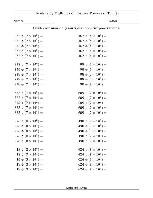 The Learning to Divide Numbers (Quotients Range 10 to 99) by Multiples of Positive Powers of Ten in Exponent Form (J) Math Worksheet