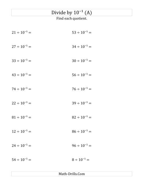 The Dividing Whole Numbers by 10<sup>-1</sup> (A) Math Worksheet
