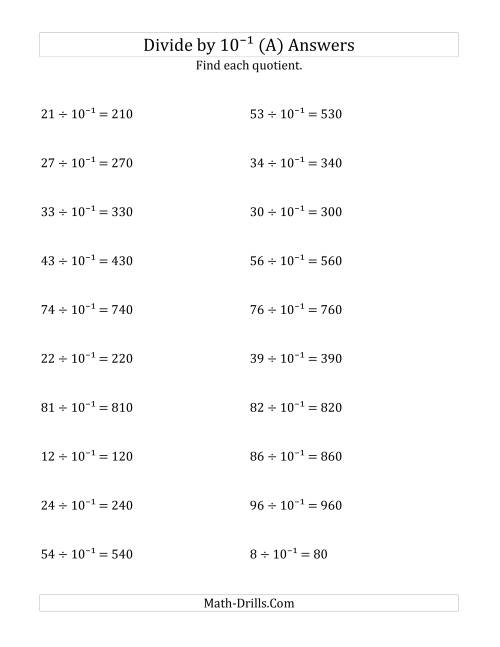The Dividing Whole Numbers by 10<sup>-1</sup> (A) Math Worksheet Page 2