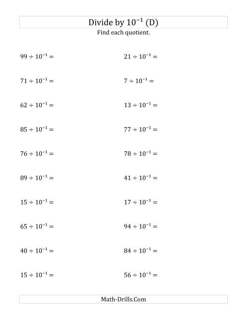 The Dividing Whole Numbers by 10<sup>-1</sup> (D) Math Worksheet