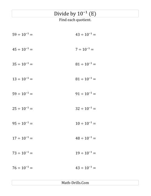 The Dividing Whole Numbers by 10<sup>-1</sup> (E) Math Worksheet