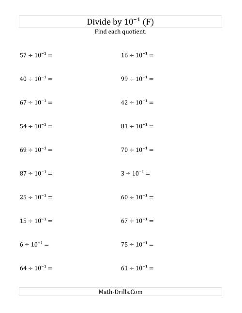 The Dividing Whole Numbers by 10<sup>-1</sup> (F) Math Worksheet