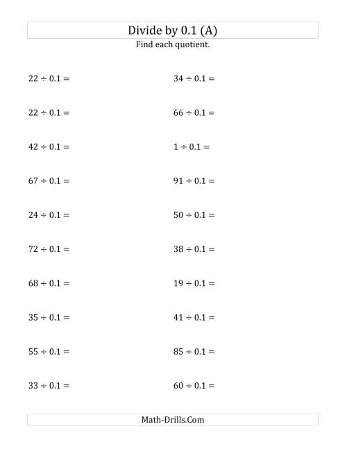 The Dividing Whole Numbers by 0.1 (A) Math Worksheet