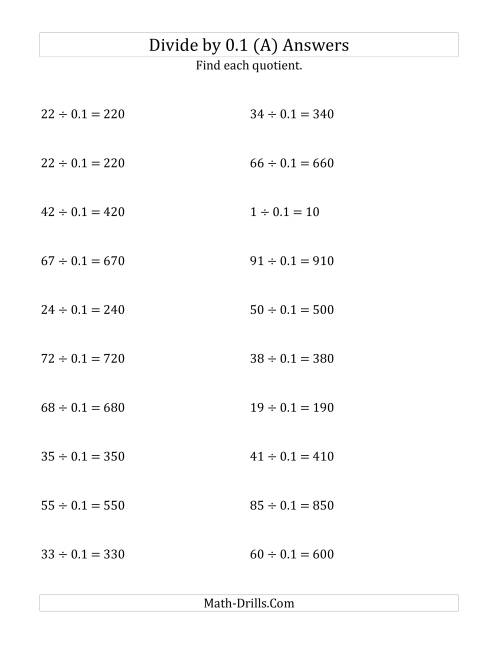 The Dividing Whole Numbers by 0.1 (A) Math Worksheet Page 2