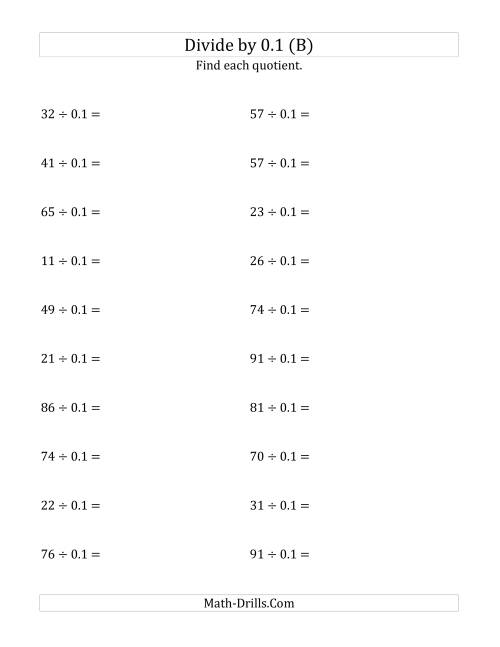 The Dividing Whole Numbers by 0.1 (B) Math Worksheet