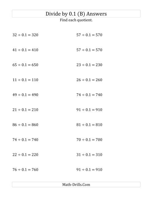 The Dividing Whole Numbers by 0.1 (B) Math Worksheet Page 2