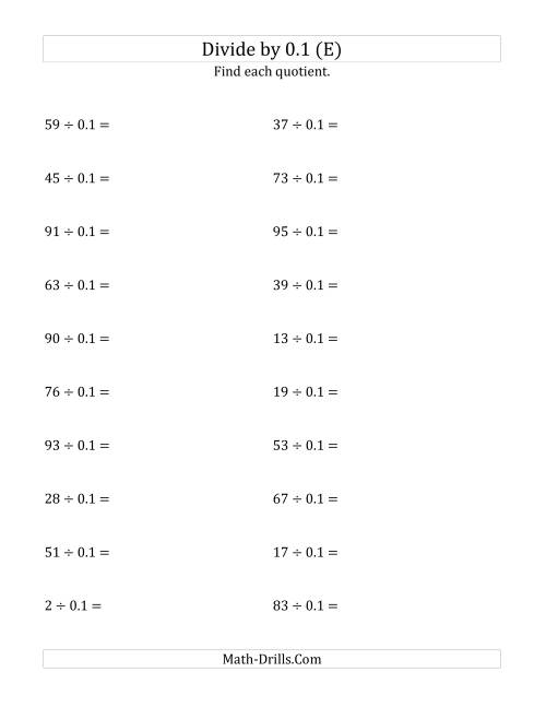 The Dividing Whole Numbers by 0.1 (E) Math Worksheet