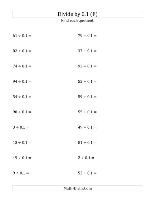 The Dividing Whole Numbers by 0.1 (F) Math Worksheet