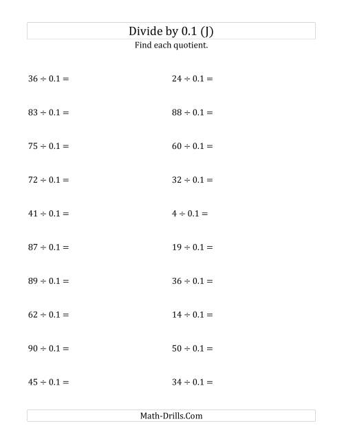 The Dividing Whole Numbers by 0.1 (J) Math Worksheet