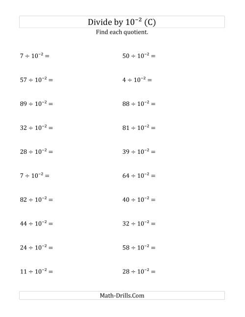 The Dividing Whole Numbers by 10<sup>-2</sup> (C) Math Worksheet