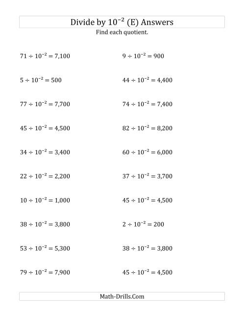 The Dividing Whole Numbers by 10<sup>-2</sup> (E) Math Worksheet Page 2