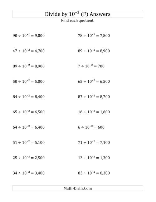The Dividing Whole Numbers by 10<sup>-2</sup> (F) Math Worksheet Page 2