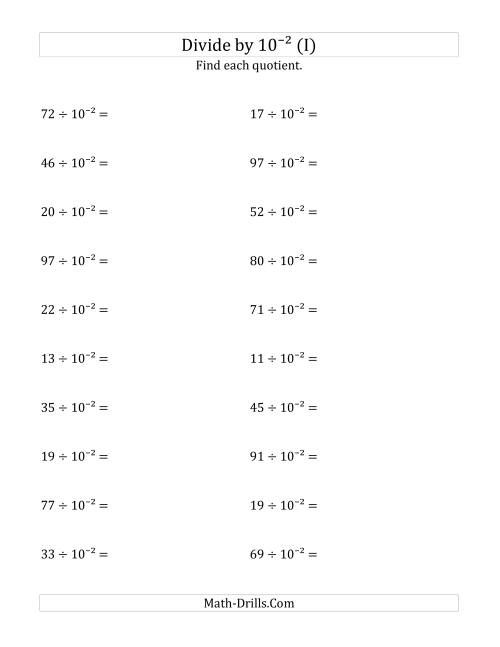 The Dividing Whole Numbers by 10<sup>-2</sup> (I) Math Worksheet