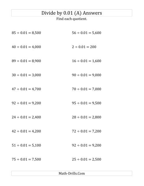 The Dividing Whole Numbers by 0.01 (A) Math Worksheet Page 2