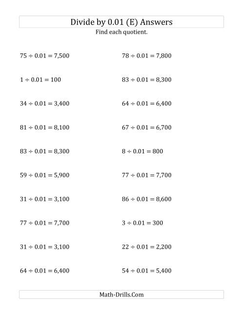 The Dividing Whole Numbers by 0.01 (E) Math Worksheet Page 2