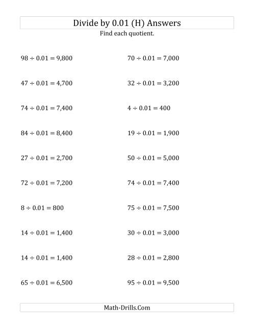 The Dividing Whole Numbers by 0.01 (H) Math Worksheet Page 2