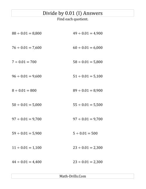 The Dividing Whole Numbers by 0.01 (I) Math Worksheet Page 2