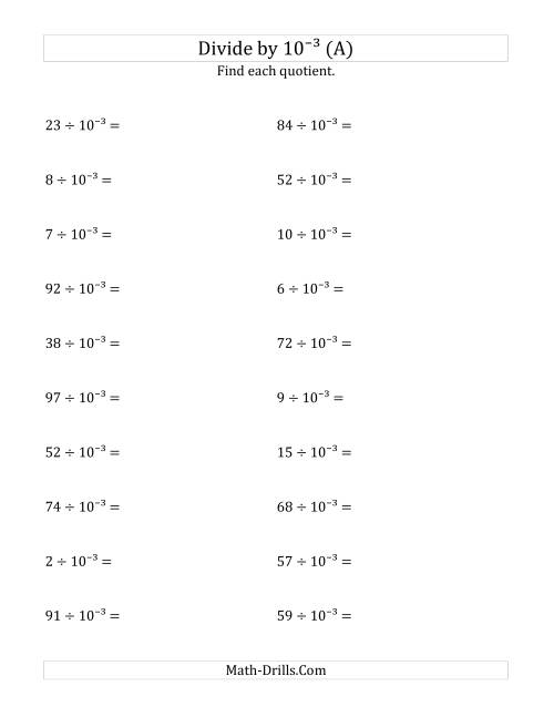 The Dividing Whole Numbers by 10<sup>-3</sup> (A) Math Worksheet
