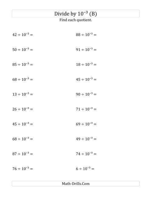 The Dividing Whole Numbers by 10<sup>-3</sup> (B) Math Worksheet