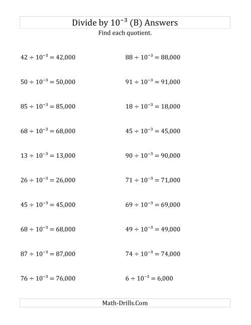 The Dividing Whole Numbers by 10<sup>-3</sup> (B) Math Worksheet Page 2