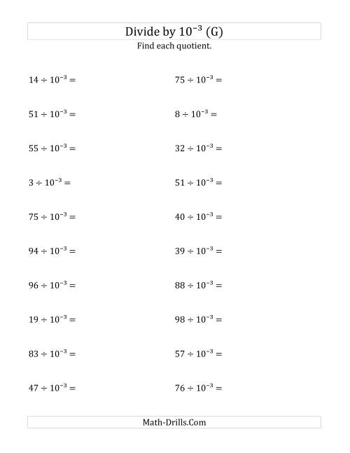 The Dividing Whole Numbers by 10<sup>-3</sup> (G) Math Worksheet
