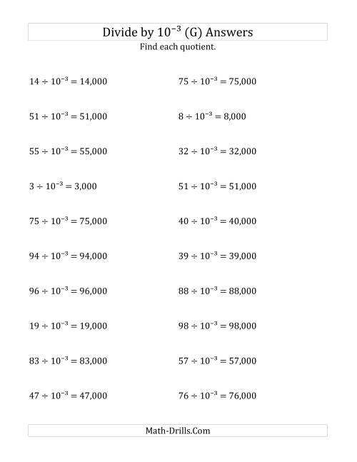 The Dividing Whole Numbers by 10<sup>-3</sup> (G) Math Worksheet Page 2