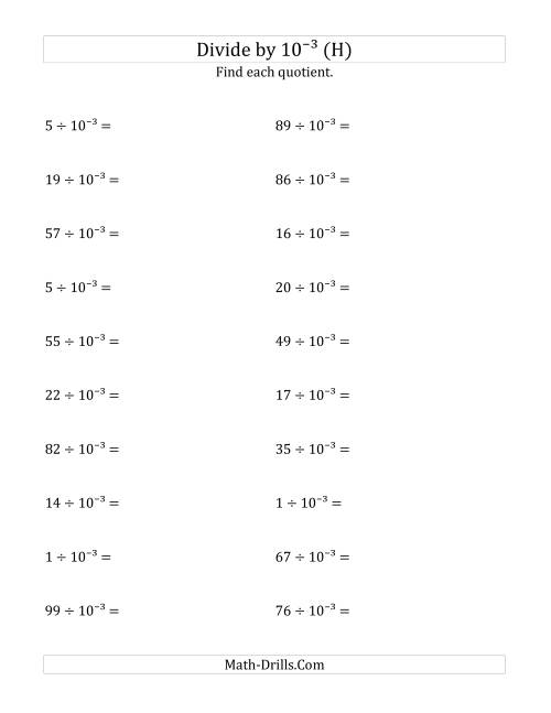 The Dividing Whole Numbers by 10<sup>-3</sup> (H) Math Worksheet