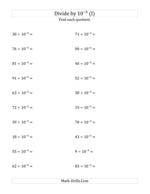 The Dividing Whole Numbers by 10<sup>-3</sup> (I) Math Worksheet