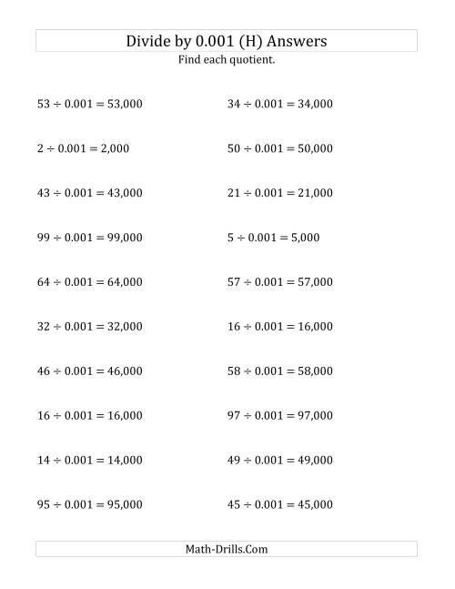 The Dividing Whole Numbers by 0.001 (H) Math Worksheet Page 2