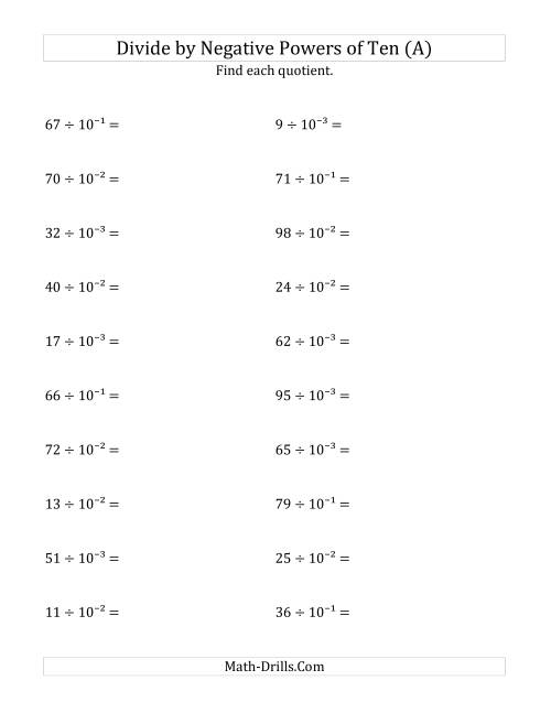 The Dividing Whole Numbers by Negative Powers of Ten (Exponent Form) (A) Math Worksheet