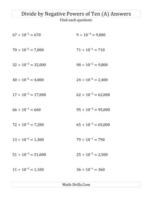 The Dividing Whole Numbers by Negative Powers of Ten (Exponent Form) (A) Math Worksheet Page 2