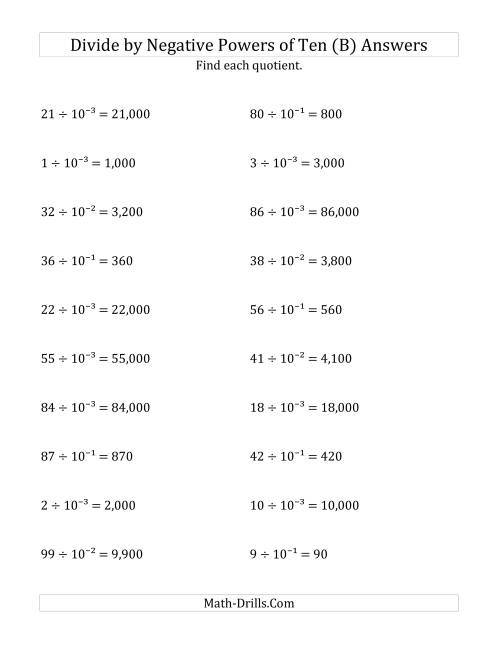 The Dividing Whole Numbers by Negative Powers of Ten (Exponent Form) (B) Math Worksheet Page 2