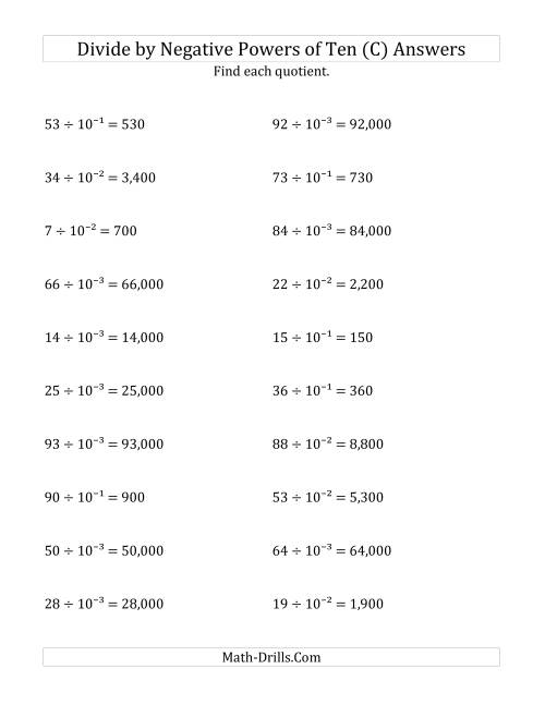 The Dividing Whole Numbers by Negative Powers of Ten (Exponent Form) (C) Math Worksheet Page 2