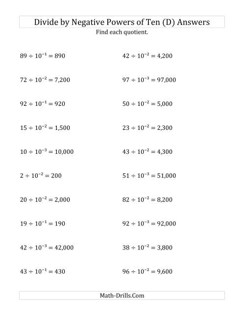 The Dividing Whole Numbers by Negative Powers of Ten (Exponent Form) (D) Math Worksheet Page 2