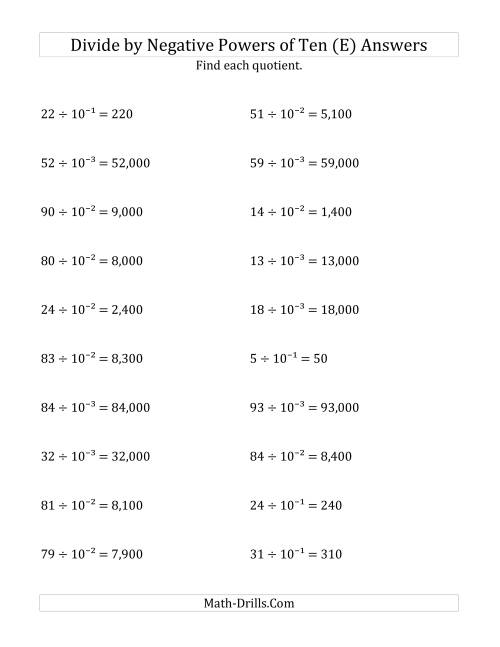 The Dividing Whole Numbers by Negative Powers of Ten (Exponent Form) (E) Math Worksheet Page 2