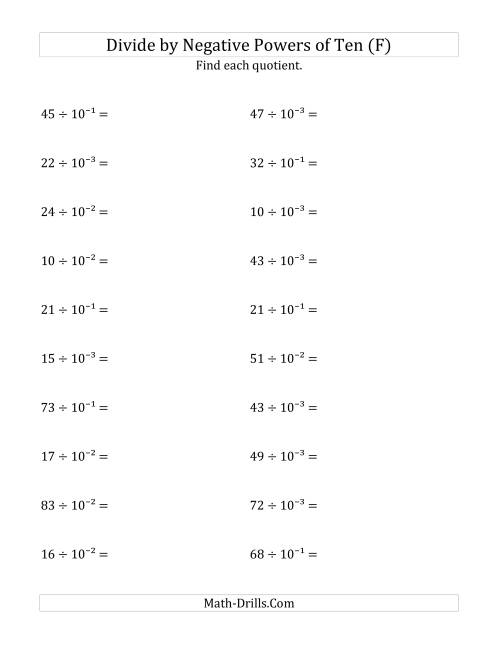 The Dividing Whole Numbers by Negative Powers of Ten (Exponent Form) (F) Math Worksheet
