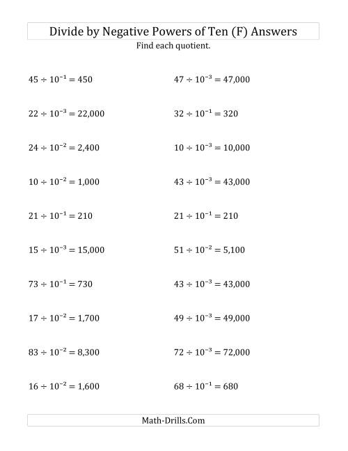 The Dividing Whole Numbers by Negative Powers of Ten (Exponent Form) (F) Math Worksheet Page 2