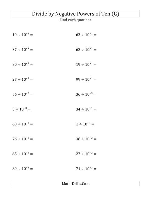The Dividing Whole Numbers by Negative Powers of Ten (Exponent Form) (G) Math Worksheet