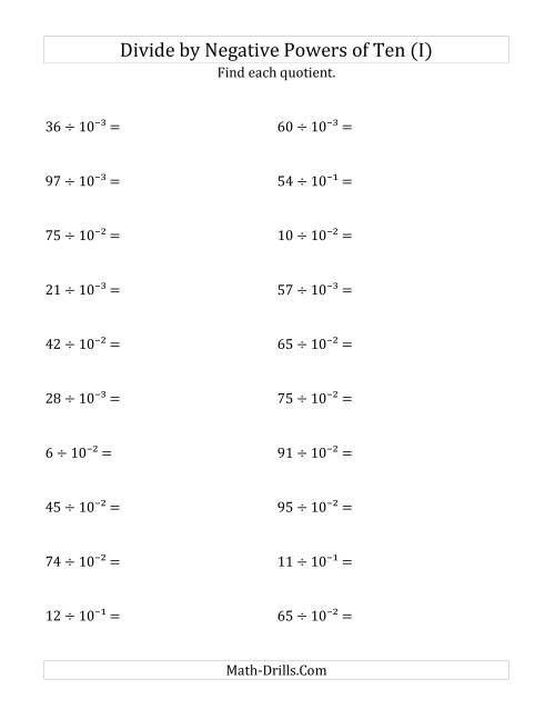 The Dividing Whole Numbers by Negative Powers of Ten (Exponent Form) (I) Math Worksheet