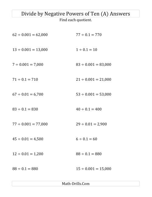 The Dividing Whole Numbers by Negative Powers of Ten (Standard Form) (A) Math Worksheet Page 2