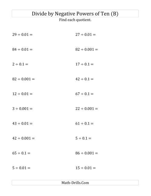 The Dividing Whole Numbers by Negative Powers of Ten (Standard Form) (B) Math Worksheet