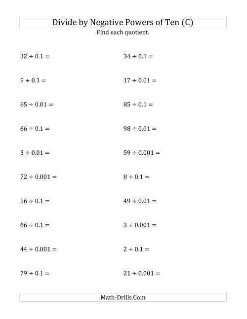 The Dividing Whole Numbers by Negative Powers of Ten (Standard Form) (C) Math Worksheet