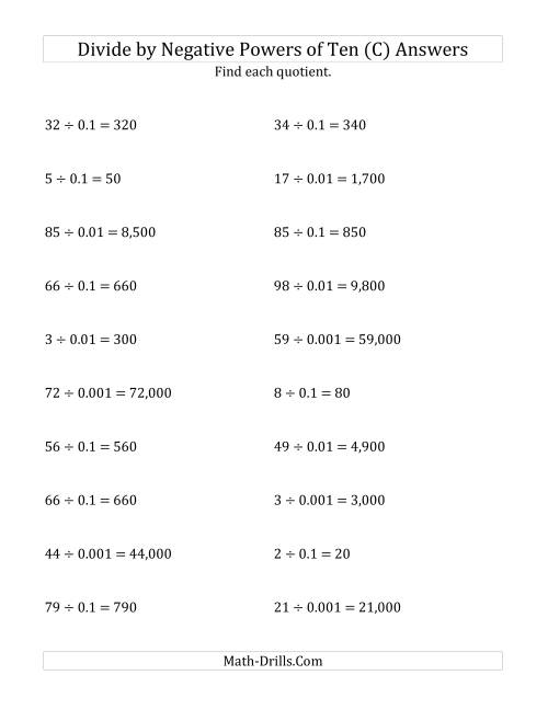 The Dividing Whole Numbers by Negative Powers of Ten (Standard Form) (C) Math Worksheet Page 2
