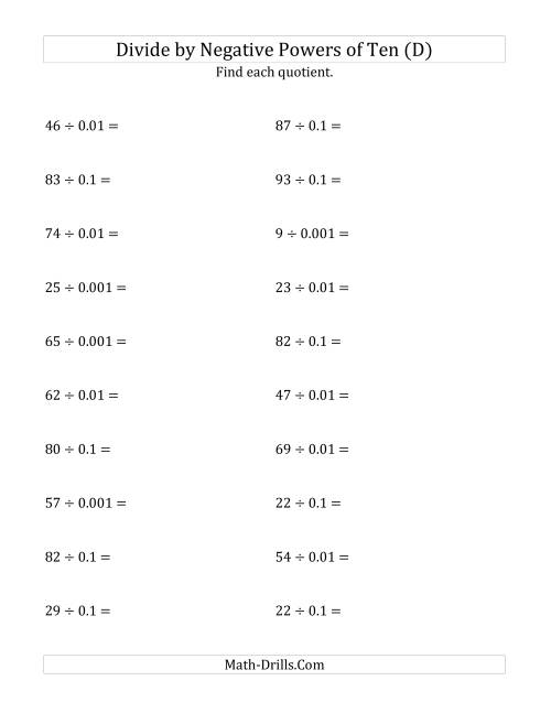 The Dividing Whole Numbers by Negative Powers of Ten (Standard Form) (D) Math Worksheet