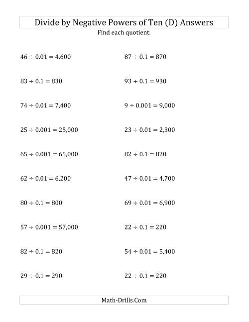 The Dividing Whole Numbers by Negative Powers of Ten (Standard Form) (D) Math Worksheet Page 2
